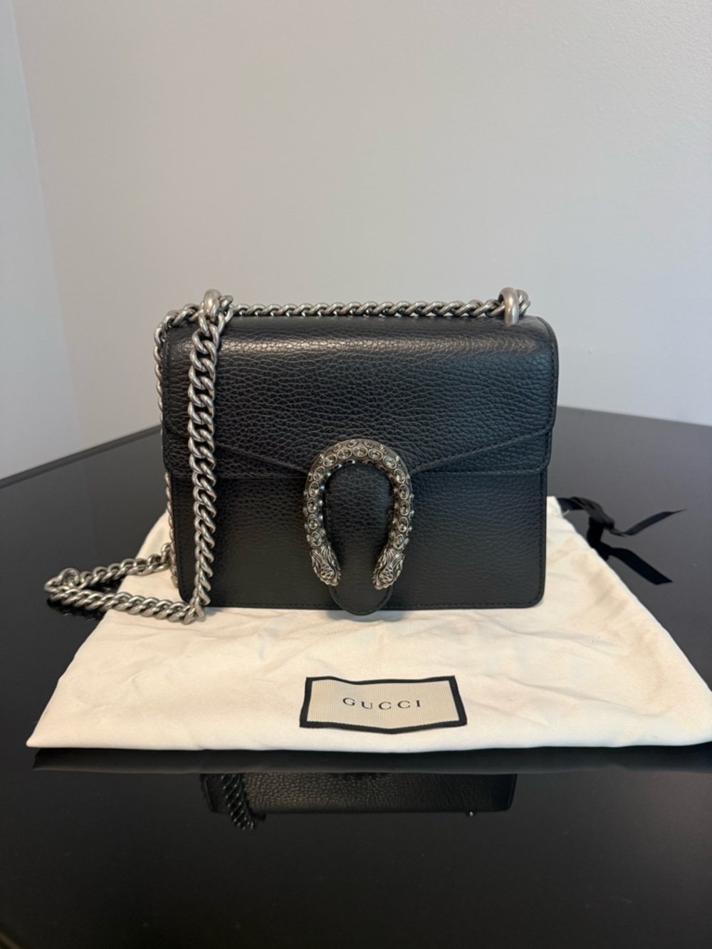 Gucci Black Leather Dionysus Small Shoulder Bag with Silver Chain